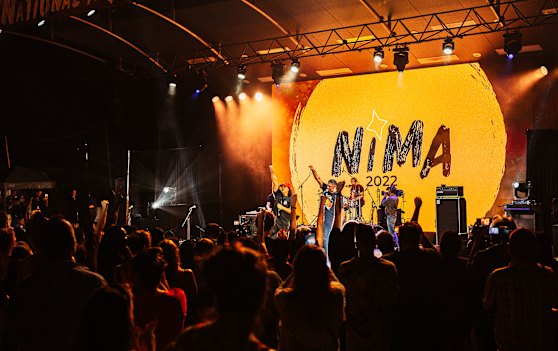 Rapper Birdz and Butchulla songman Fred Leone perform at the National Indigenous Music Awards 2022.