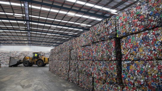 Recycled cans and bottles at a Cleanaway processing plant, Eastern Creek, NSW.