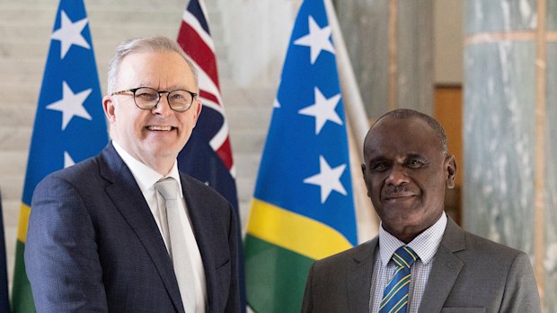 Prime Minister Anthony Albanese and Solomon Islands Prime Minister Jeremiah Manele in Canberra in 2024. 