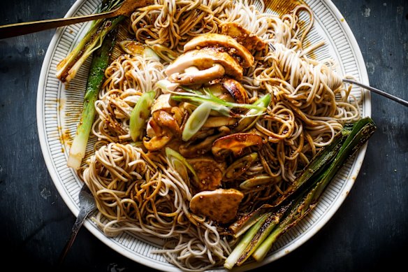 Beer, miso and mirin poached chicken with udon noodles.