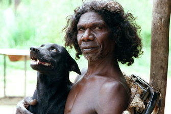 Actor David Gulpilil in his Arnhem Land country with dog Rocky.