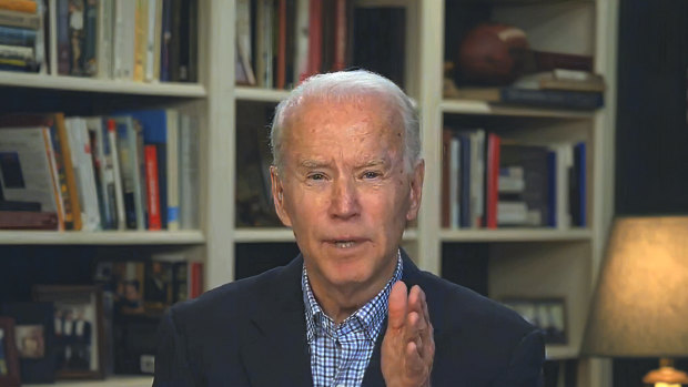 Democratic presidential candidate former Vice President Joe Biden speaks during a virtual press briefing.