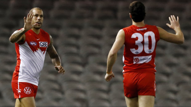 Lance Franklin celebrates with Tom McCartin after kicking yet another goal.