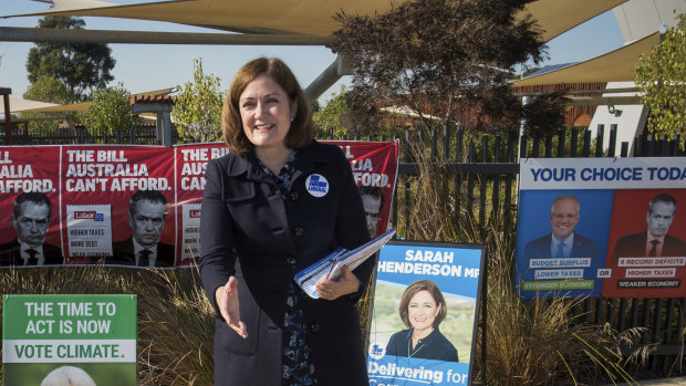 Liberal MP for Corangamite Sarah Henderson campaigning at the Grovedale Community Hub to retain her seat on election day.