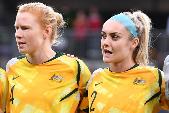 Matildas defender Ellie Carpenter (right) has signed for Lyon.