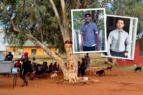 The red house (right) in Yuendumu where Kumanjayi Walker (inset left) was shot dead by Constable Zachary Rolfe (inset right).