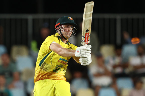 Cameron Green batting during his Player of the Match performance against New Zealand in Cairns on Tuesday night.