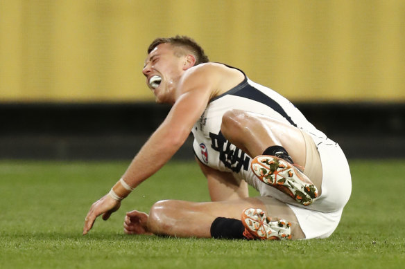 Patrick Cripps injures his foot on Saturday night.