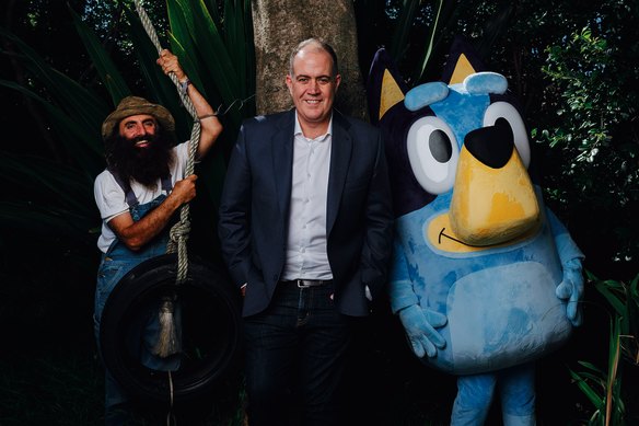 ABC boss David Anderson with fan favourites Gardening Australia host Costa Georgiadis and Bluey.