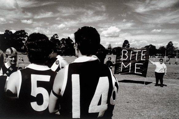 Yvette Andrews,  wearing No.14, gets ready for an early Sydney Women’s AFL game