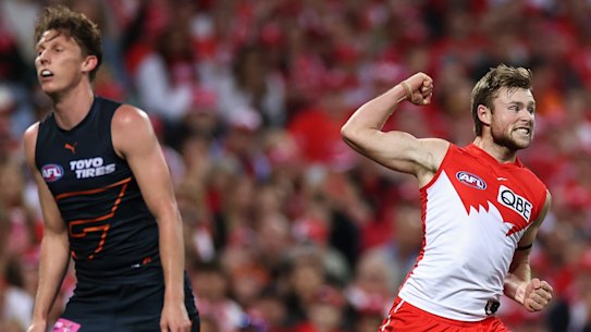 Braeden Campbell of the Swans celebrates during the last Sydney derby