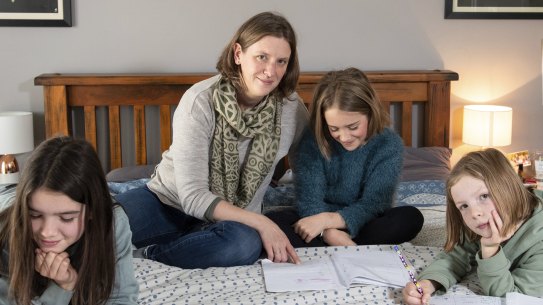 Lactation consultant Rowena Gray supports her daughters Emily, 13, Rebecca, 10 and Natalie, 8, with home schooling - and everything else - after her husband, Dan, died in December 2021.