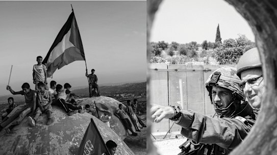 Palestinian children in the village of Bilin, in the Israeli-occupied West Bank; John Lyons (right) in Bilin with an Israeli soldier during a Palestinian demonstration there in 2010. 