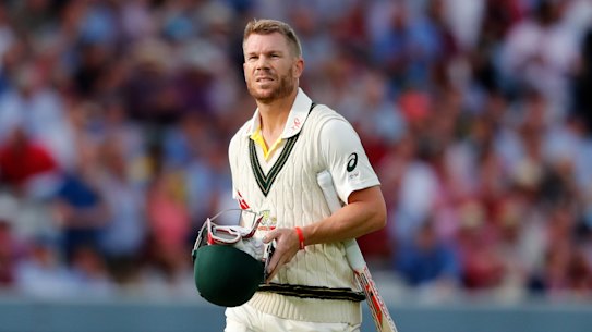 David Warner leaves the middle after being bowled by Stuart Broad.