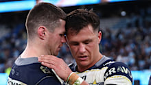 John Bateman consoles Scott Drinkwater after his error-riddled performance in North Queensland’s elimination final loss to Cronulla.