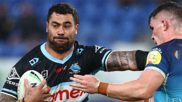 Andrew Fifita in action for the Sharks after making a full physical recovery from a fractured larynx.