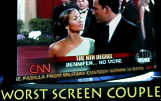 Jennifer Lopez and Ben Affleck are shown on a screen during the 24th Golden Raspberry Awards in 2004. Gigli won worst picture.