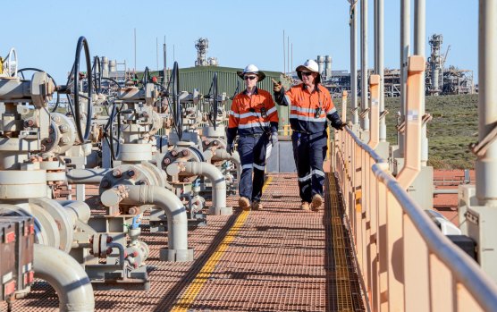 Technicians at Chevron's carbon capture and storage project at the Gorgon LNG site on Barrow Island off Western Australia.