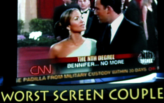 Jennifer Lopez and Ben Affleck are shown on a screen during the 24th Golden Raspberry Awards in 2004. Gigli won worst picture.