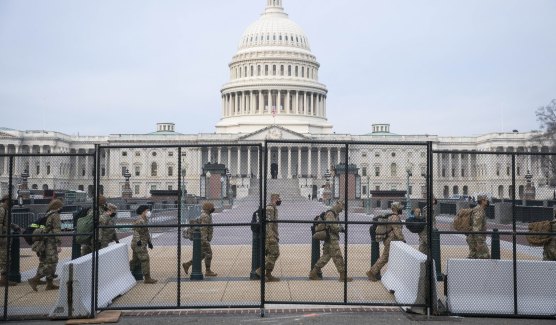 Members of the National Guard securing the US Capitol building in Washington, DC. 