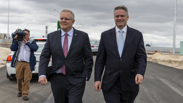 Prime Minister Scott Morrison and Minister for Finance Mathias Cormann during a visit to Northlink WA Central Section Site on Monday.