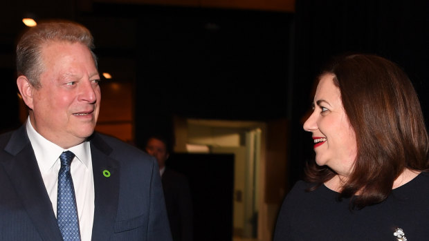 Former US Vice President and environmentalist Al Gore and Queensland Premier Annastacia Palaszczuk arrive at a CEDA event in Brisbane on Friday.