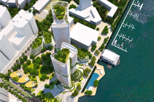 A Billbergia artist impression of the two new towers proposed for Bennelong Cove in Wentworth Point.
