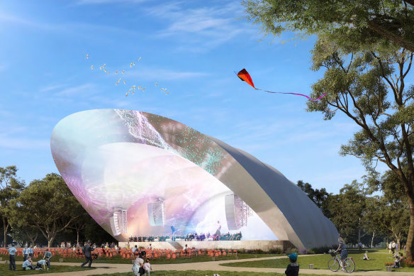 An artist impression of the proposed amphitheatre or soundshell for the Domain.