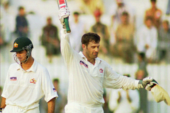 Mark Taylor reaches his triple century in Peshawar in 1998 during Australia's last visit to Pakistan.