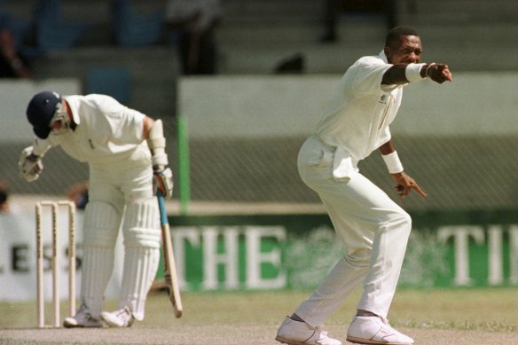 A bemused Alec Stewart as Curtly Ambrose appeals for his wicket.