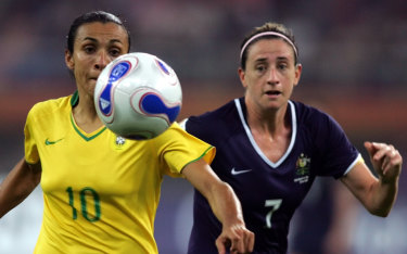 Brazil's veteran Marta, left, pictured with Australia's Heather Garriock during the 2007 World Cup.