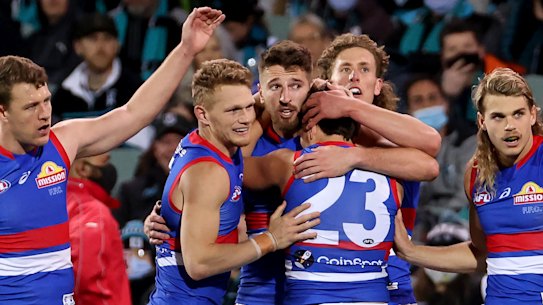 ADELAIDE, AUSTRALIA - SEPTEMBER 11: Marcus Bontempelli of the Bulldogs celebrates a goal during the 2021 AFL Second Preliminary Final match between the Port Adelaide Power and the Western Bulldogs at Adelaide Oval on September 11, 2021 in Adelaide, Australia. (Photo by James Elsby/AFL Photos via Getty Images)