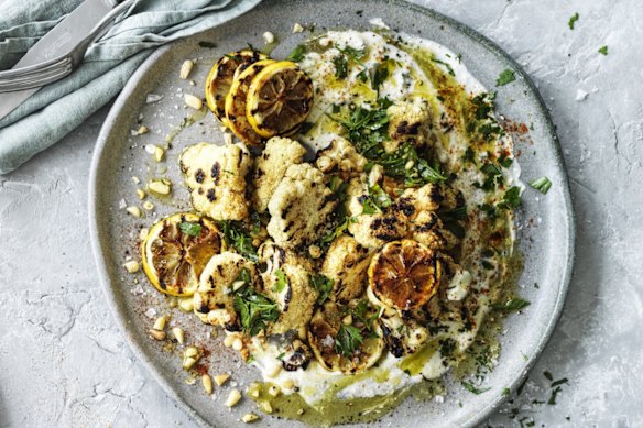 Hetty McKinnon's charred cauliflower salad with lemony whipped feta and pine nuts. 