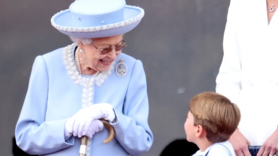 Queen Elizabeth II and Prince Louis of Cambridge on the balcony of Buckingham Palace during Trooping The Colour in London, England.