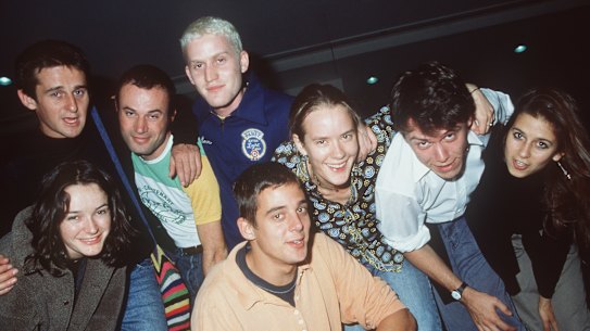The original Race Around the World crew (from left): Claudia Rowe, Ben Davies, Bentley Dean, John Safran, Daniel Marsden, Olivia Rousset, Scott Herford and Kim Traill.