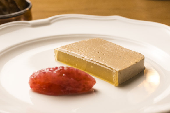 Duck liver and foie gras parfait with rhubarb.