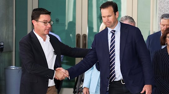 Nationals leader David Littleproud and Senator Matt Canavan after a press conference following a party room meeting.