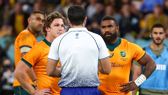 Michael Hooper and Marika Koroibete moments before the winger was shown a red card against France. 