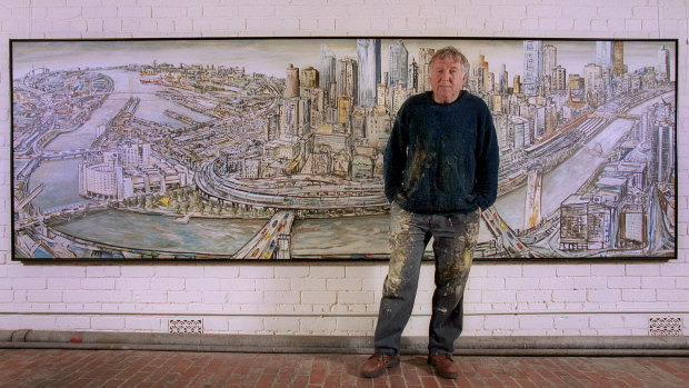 Jan Senbergs with one of the series of paintings he created from a vantage point high in Crown Towers when the building was under construction.
