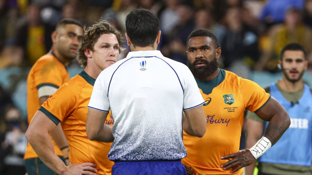 Michael Hooper and Marika Koroibete moments before the winger was shown a red card against France. 