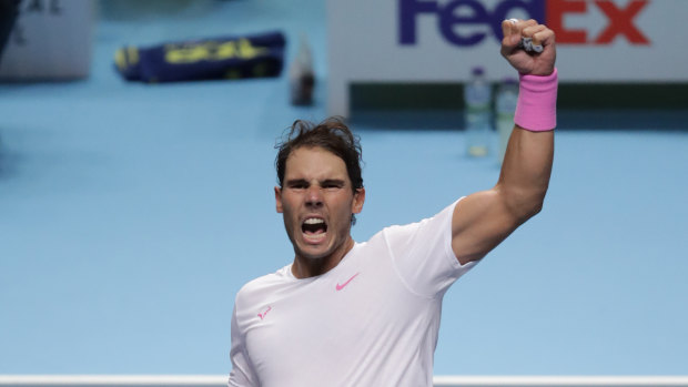 Rafael Nadal celebrates after his incredible comeback victory in London.