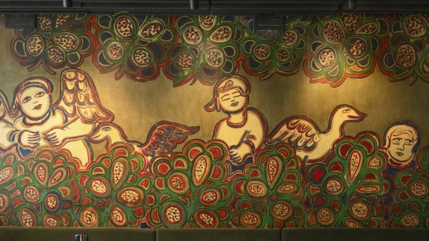 A Mirka Mora mural at the Tolarno Hotel. 