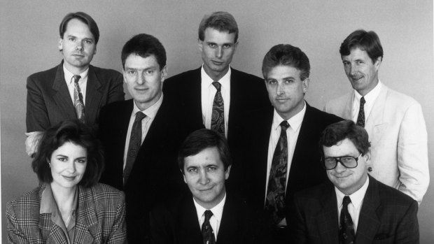 What a team! In 1991, Marr was part of the Four Corners crew. Back row: Mark Colvin, Ross Coulthart and Paul Barry. Centre: Marr, Neil Mercer. Front: Deborah Snow, Andrew Olle and Chris Masters.