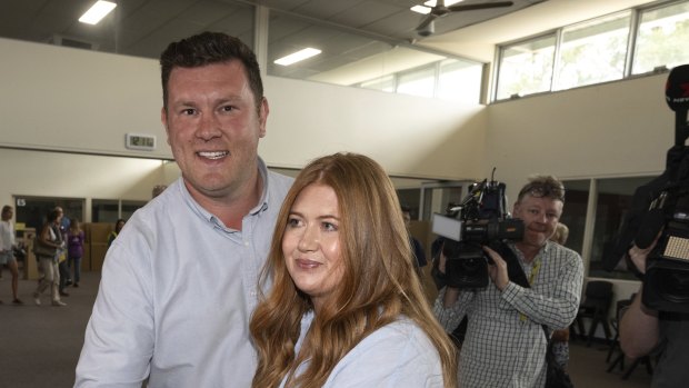 Liberal candidate Nathan Conroy and wife Steffie casting their votes in the Dunkley byelection in Langwarrin on Saturday.