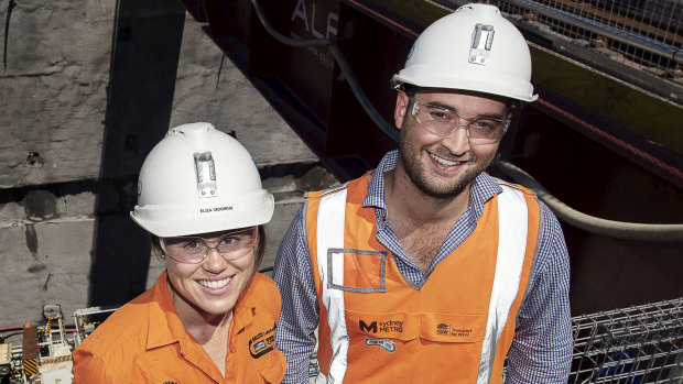 Young engineers Scott Wake and Eliza Mooring at the Marrickville tunnel boring machine dive site