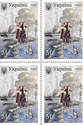 A new stamp depicts the stars of the 1997 movie Titanic transposed from the helm of the ill-fated ship to the recently damaged Putin trophy, the Kerch bridge.