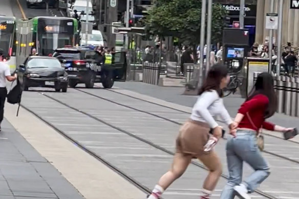 Pedestrians fled as a car drove erratically down Bourke Street Mall on Thursday evening. 