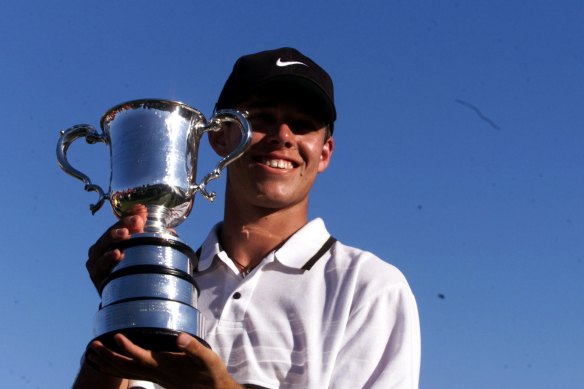 Aaron Baddeley holding the Stonehaven Cup after winning the Australian Open in 1999.