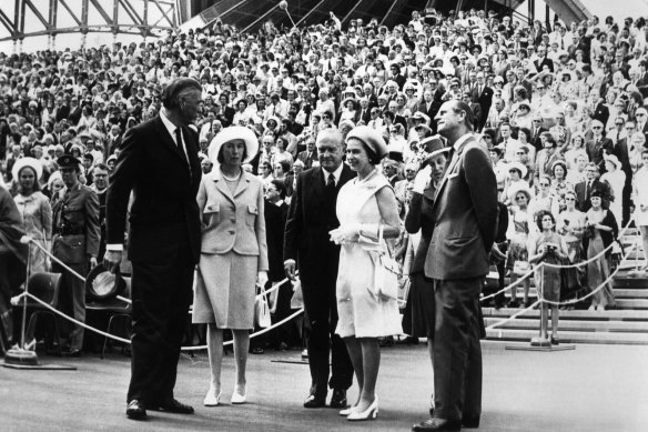 Queen Elizabeth II, Duke of Edinburgh, Sir Roden Cutler and Lady Cutler and Sir Robert Askin and Lady Askin at the Opening of the Sydney Opera House on October 20, 1973. 