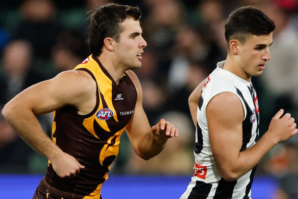 Finn Maginness did a great job shadowing Nick Daicos in Hawthorn’s upset round 21 win over Collingwood.